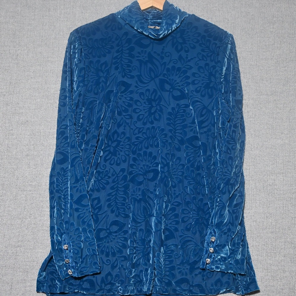 Soft Surroundings Blouse Womens Burnout Velvet Floral Mock Neck M Teal Blue